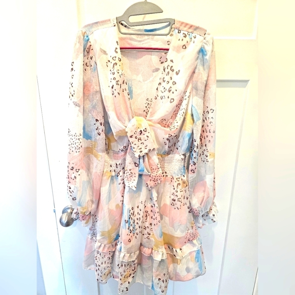 Boho Abstract Leopard Print Ruffle Mini Dress – Size Large – Smocked Waist & Tie